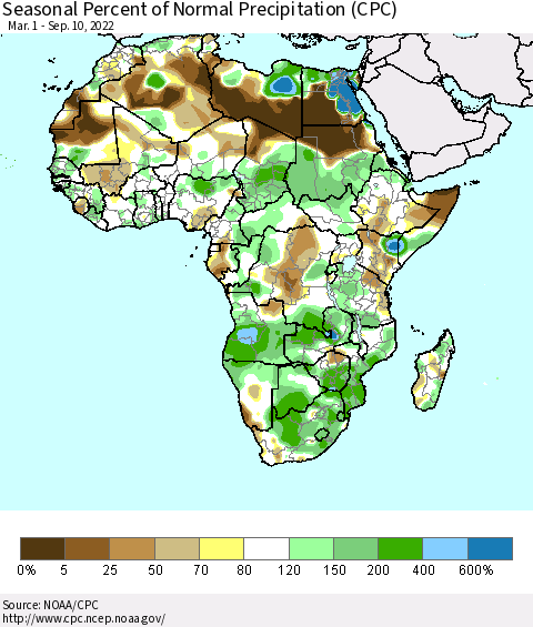 Africa Seasonal Percent of Normal Precipitation (CPC) Thematic Map For 3/1/2022 - 9/10/2022