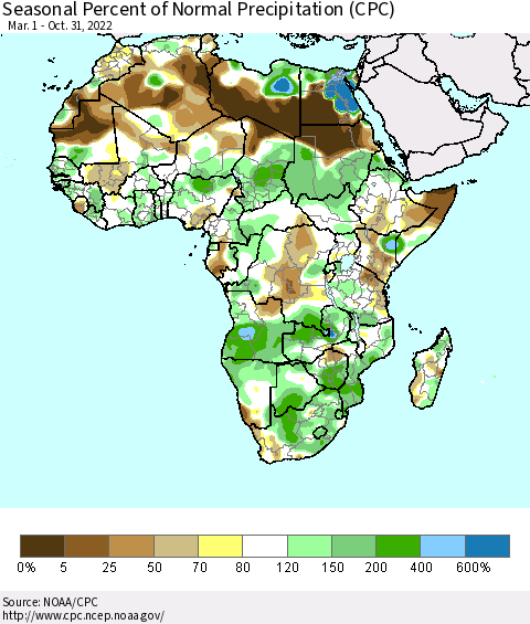 Africa Seasonal Percent of Normal Precipitation (CPC) Thematic Map For 3/1/2022 - 10/31/2022