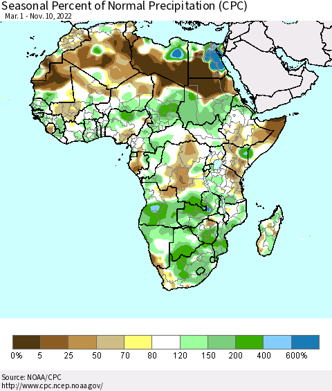 Africa Seasonal Percent of Normal Precipitation (CPC) Thematic Map For 3/1/2022 - 11/10/2022