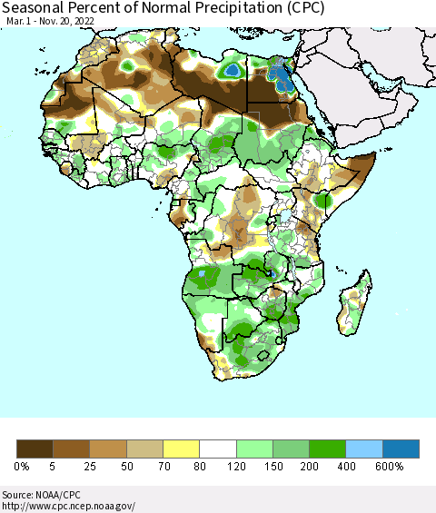 Africa Seasonal Percent of Normal Precipitation (CPC) Thematic Map For 3/1/2022 - 11/20/2022
