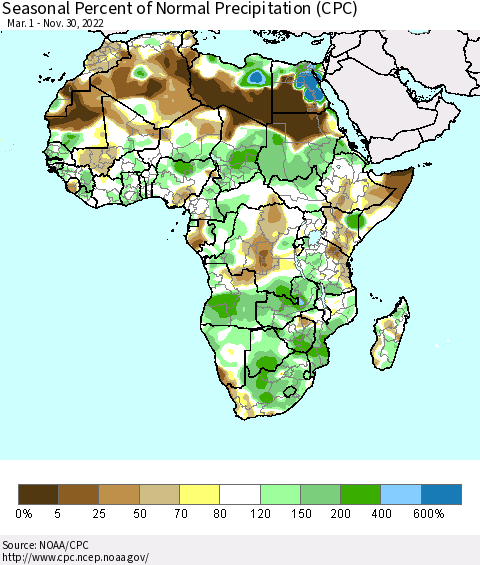 Africa Seasonal Percent of Normal Precipitation (CPC) Thematic Map For 3/1/2022 - 11/30/2022