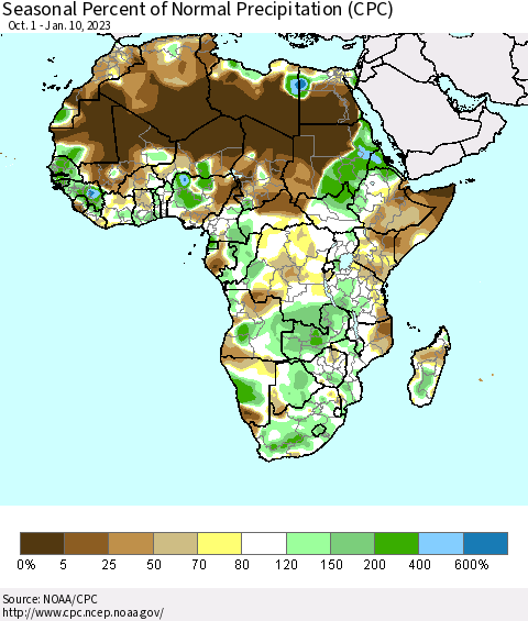 Africa Seasonal Percent of Normal Precipitation (CPC) Thematic Map For 10/1/2022 - 1/10/2023