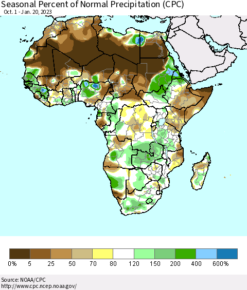 Africa Seasonal Percent of Normal Precipitation (CPC) Thematic Map For 10/1/2022 - 1/20/2023