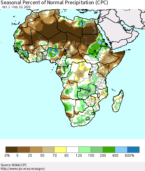 Africa Seasonal Percent of Normal Precipitation (CPC) Thematic Map For 10/1/2022 - 2/10/2023