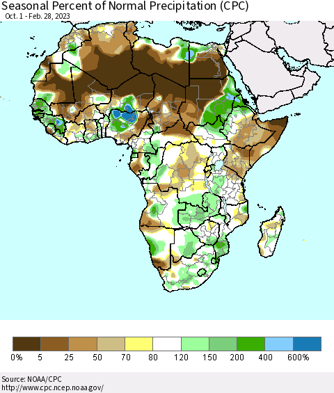 Africa Seasonal Percent of Normal Precipitation (CPC) Thematic Map For 10/1/2022 - 2/28/2023