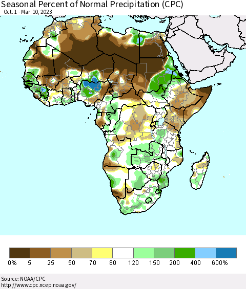 Africa Seasonal Percent of Normal Precipitation (CPC) Thematic Map For 10/1/2022 - 3/10/2023