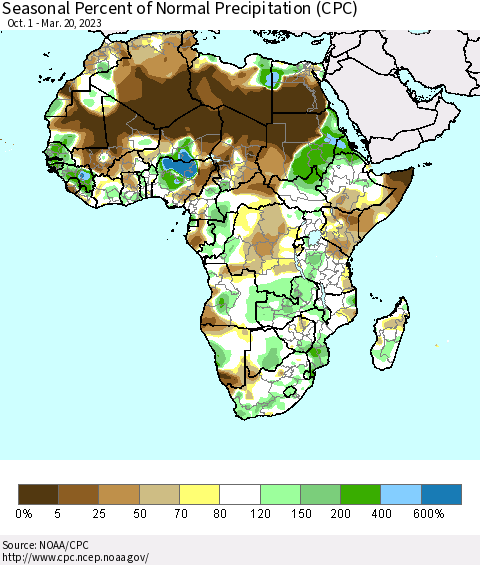 Africa Seasonal Percent of Normal Precipitation (CPC) Thematic Map For 10/1/2022 - 3/20/2023