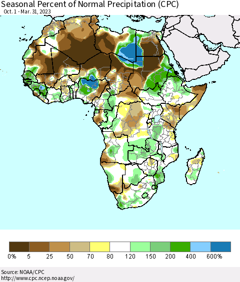 Africa Seasonal Percent of Normal Precipitation (CPC) Thematic Map For 10/1/2022 - 3/31/2023