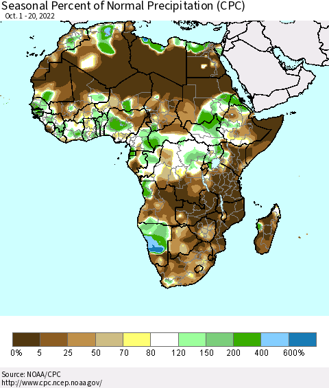 Africa Seasonal Percent of Normal Precipitation (CPC) Thematic Map For 10/1/2022 - 10/20/2022