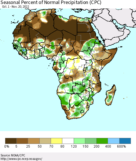 Africa Seasonal Percent of Normal Precipitation (CPC) Thematic Map For 10/1/2022 - 11/20/2022