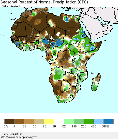 Africa Seasonal Percent of Normal Precipitation (CPC) Thematic Map For 3/1/2023 - 3/20/2023