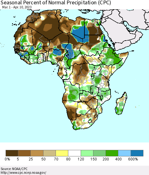 Africa Seasonal Percent of Normal Precipitation (CPC) Thematic Map For 3/1/2023 - 4/10/2023