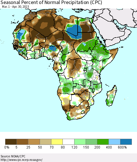 Africa Seasonal Percent of Normal Precipitation (CPC) Thematic Map For 3/1/2023 - 4/30/2023