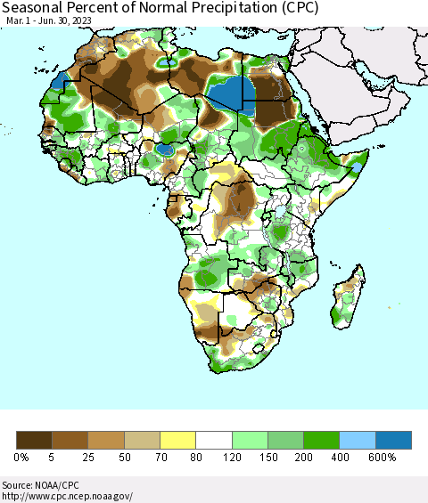 Africa Seasonal Percent of Normal Precipitation (CPC) Thematic Map For 3/1/2023 - 6/30/2023