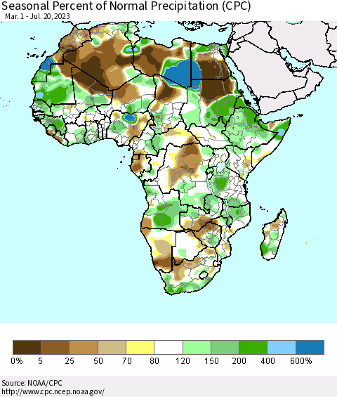 Africa Seasonal Percent of Normal Precipitation (CPC) Thematic Map For 3/1/2023 - 7/20/2023
