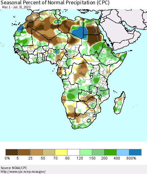Africa Seasonal Percent of Normal Precipitation (CPC) Thematic Map For 3/1/2023 - 7/31/2023