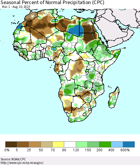 Africa Seasonal Percent of Normal Precipitation (CPC) Thematic Map For 3/1/2023 - 8/10/2023