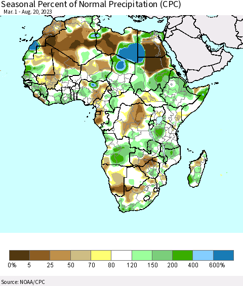 Africa Seasonal Percent of Normal Precipitation (CPC) Thematic Map For 3/1/2023 - 8/20/2023