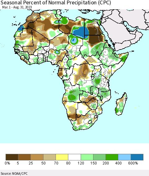 Africa Seasonal Percent of Normal Precipitation (CPC) Thematic Map For 3/1/2023 - 8/31/2023