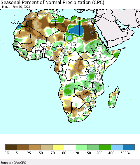 Africa Seasonal Percent of Normal Precipitation (CPC) Thematic Map For 3/1/2023 - 9/10/2023