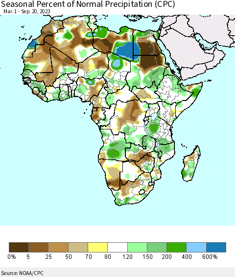 Africa Seasonal Percent of Normal Precipitation (CPC) Thematic Map For 3/1/2023 - 9/20/2023