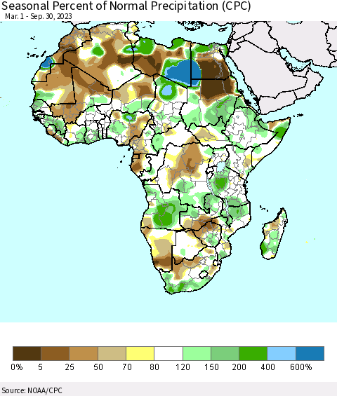 Africa Seasonal Percent of Normal Precipitation (CPC) Thematic Map For 3/1/2023 - 9/30/2023