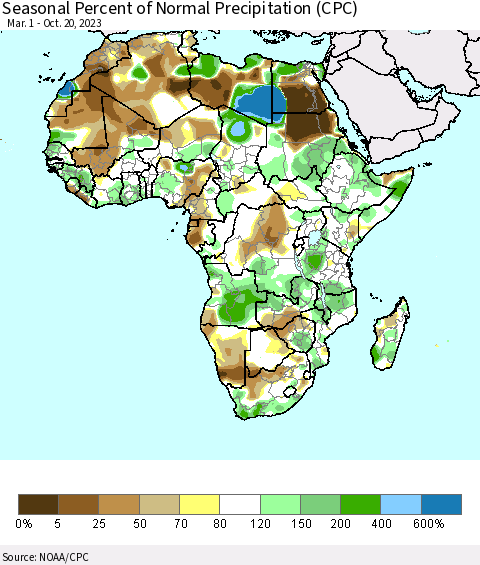 Africa Seasonal Percent of Normal Precipitation (CPC) Thematic Map For 3/1/2023 - 10/20/2023