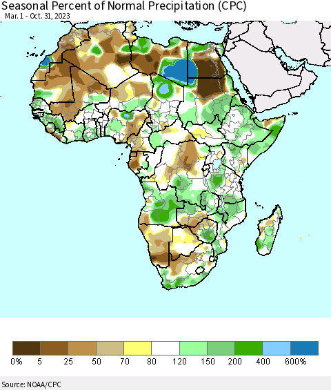 Africa Seasonal Percent of Normal Precipitation (CPC) Thematic Map For 3/1/2023 - 10/31/2023