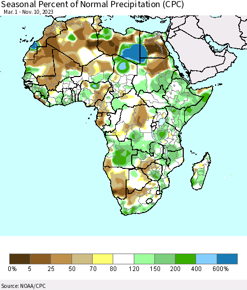 Africa Seasonal Percent of Normal Precipitation (CPC) Thematic Map For 3/1/2023 - 11/10/2023