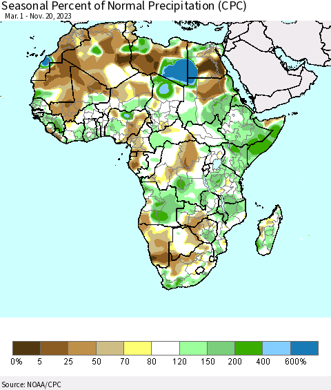 Africa Seasonal Percent of Normal Precipitation (CPC) Thematic Map For 3/1/2023 - 11/20/2023