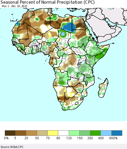 Africa Seasonal Percent of Normal Precipitation (CPC) Thematic Map For 3/1/2023 - 12/10/2023