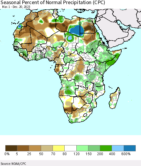 Africa Seasonal Percent of Normal Precipitation (CPC) Thematic Map For 3/1/2023 - 12/20/2023