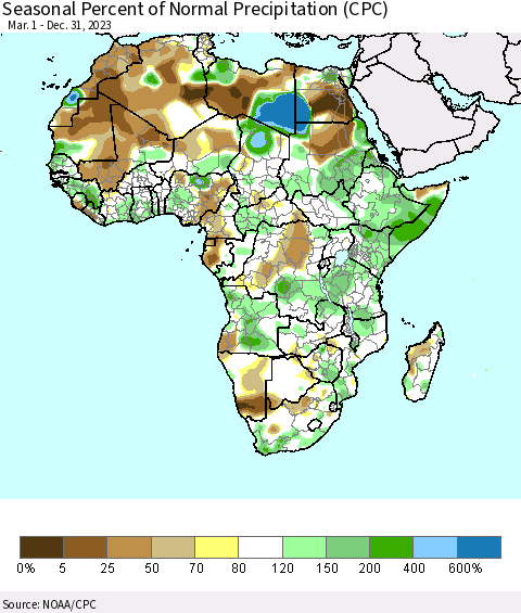 Africa Seasonal Percent of Normal Precipitation (CPC) Thematic Map For 3/1/2023 - 12/31/2023