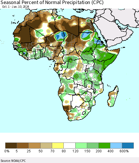 Africa Seasonal Percent of Normal Precipitation (CPC) Thematic Map For 10/1/2023 - 1/10/2024