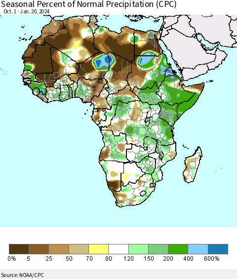 Africa Seasonal Percent of Normal Precipitation (CPC) Thematic Map For 10/1/2023 - 1/20/2024