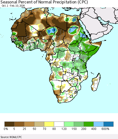 Africa Seasonal Percent of Normal Precipitation (CPC) Thematic Map For 10/1/2023 - 2/10/2024