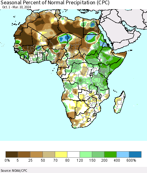 Africa Seasonal Percent of Normal Precipitation (CPC) Thematic Map For 10/1/2023 - 3/10/2024