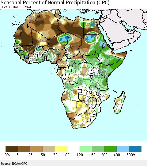Africa Seasonal Percent of Normal Precipitation (CPC) Thematic Map For 10/1/2023 - 3/31/2024