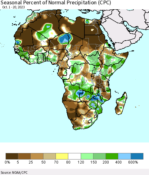 Africa Seasonal Percent of Normal Precipitation (CPC) Thematic Map For 10/1/2023 - 10/20/2023