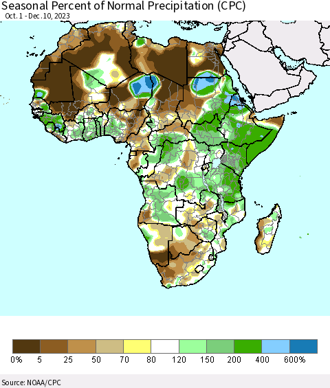 Africa Seasonal Percent of Normal Precipitation (CPC) Thematic Map For 10/1/2023 - 12/10/2023