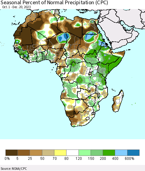 Africa Seasonal Percent of Normal Precipitation (CPC) Thematic Map For 10/1/2023 - 12/20/2023