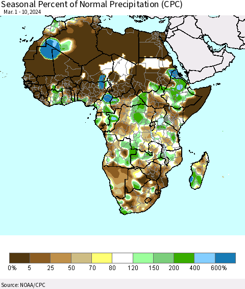 Africa Seasonal Percent of Normal Precipitation (CPC) Thematic Map For 3/1/2024 - 3/10/2024