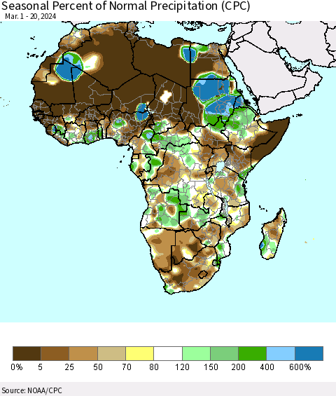 Africa Seasonal Percent of Normal Precipitation (CPC) Thematic Map For 3/1/2024 - 3/20/2024
