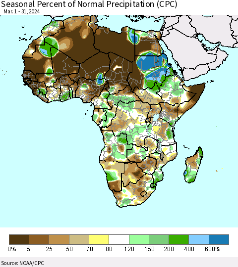 Africa Seasonal Percent of Normal Precipitation (CPC) Thematic Map For 3/1/2024 - 3/31/2024