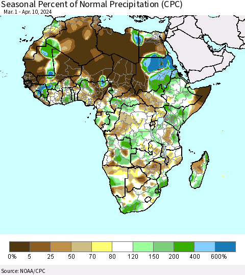 Africa Seasonal Percent of Normal Precipitation (CPC) Thematic Map For 3/1/2024 - 4/10/2024