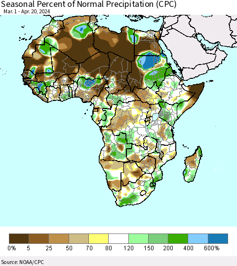 Africa Seasonal Percent of Normal Precipitation (CPC) Thematic Map For 3/1/2024 - 4/20/2024