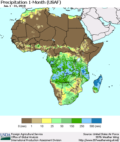 Africa Precipitation 1-Month (USAF) Thematic Map For 1/1/2018 - 1/31/2018