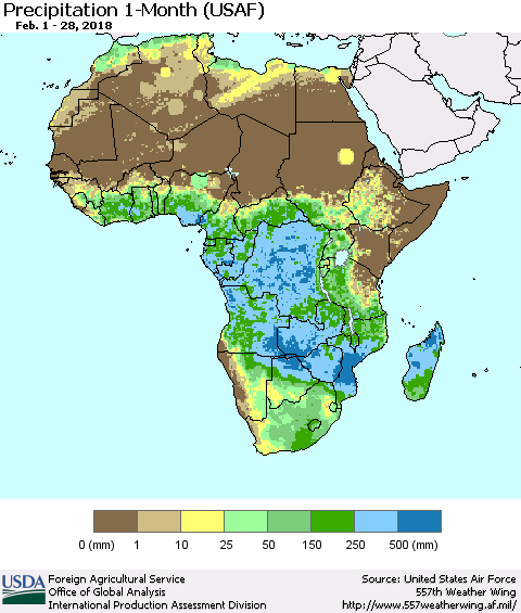Africa Precipitation 1-Month (USAF) Thematic Map For 2/1/2018 - 2/28/2018