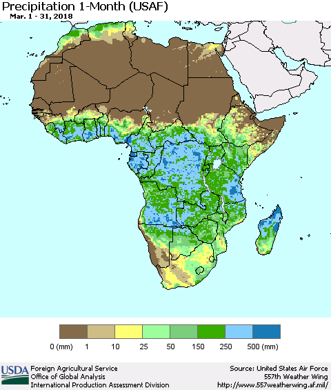 Africa Precipitation 1-Month (USAF) Thematic Map For 3/1/2018 - 3/31/2018