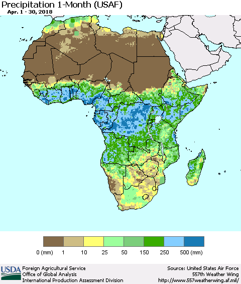 Africa Precipitation 1-Month (USAF) Thematic Map For 4/1/2018 - 4/30/2018